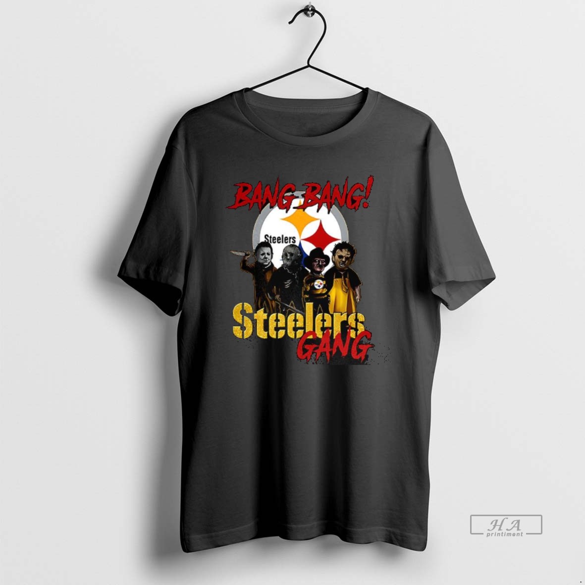 Trendy Pittsburgh Steelers Football Gang Bang Bang Horror Halloween Characters Tee Shirt