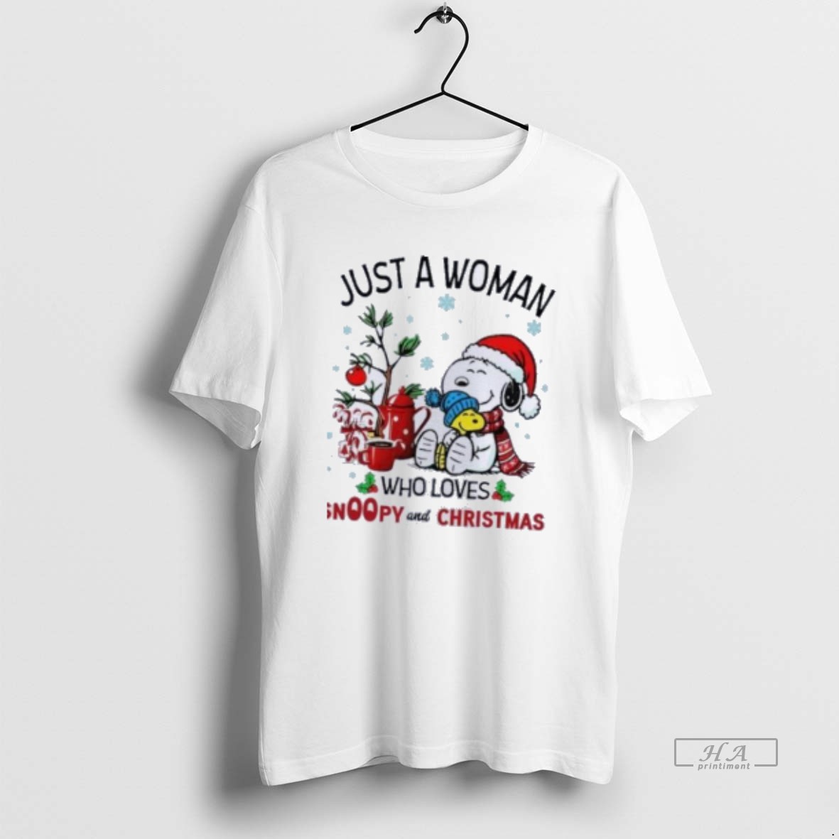 Trendy Snoopy And Woodstock Just A Woman Who Loves Snoopy And Christmas 2025 Tee Shirt