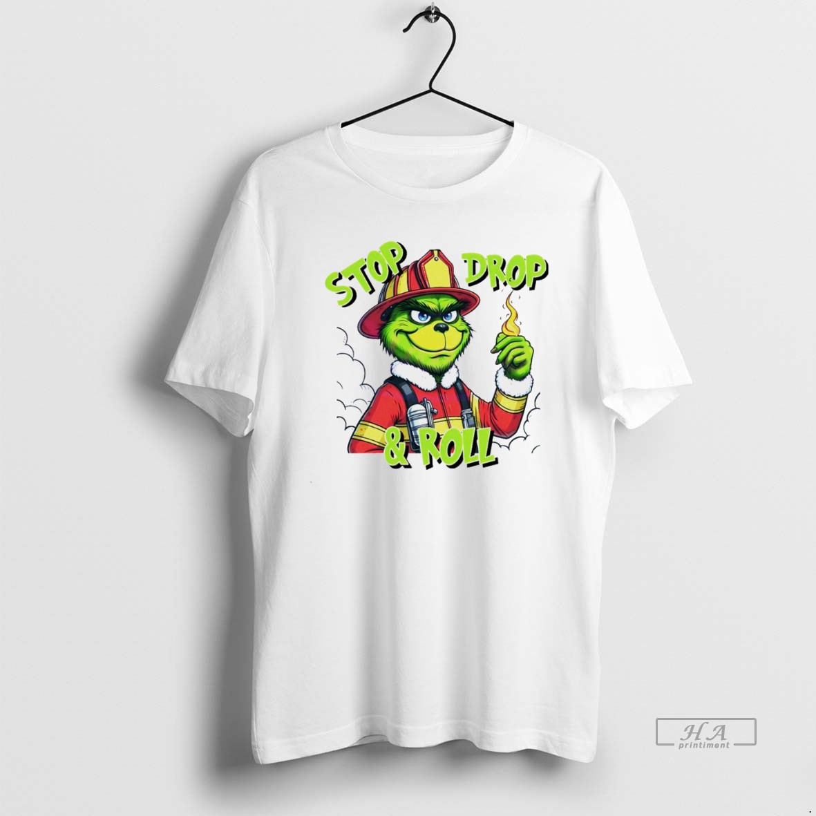 Trendy Stop Drop And Roll Grinch Christmas Fireman White Tee Shirt