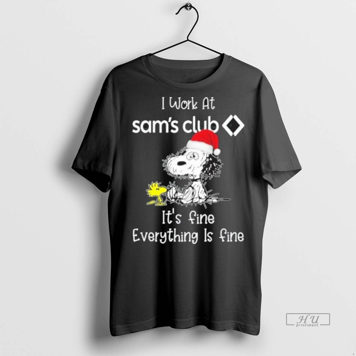 Viral Santa Snoopy And Woodstock To Work At Sams Club Logo Its Fine Everything Is Fine Tee Shirt Sweater Hoodie