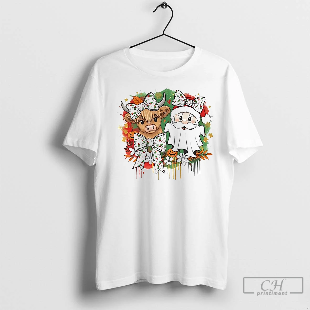 Classic Cow And Santa Ghost Christmas Wreath T Shirt