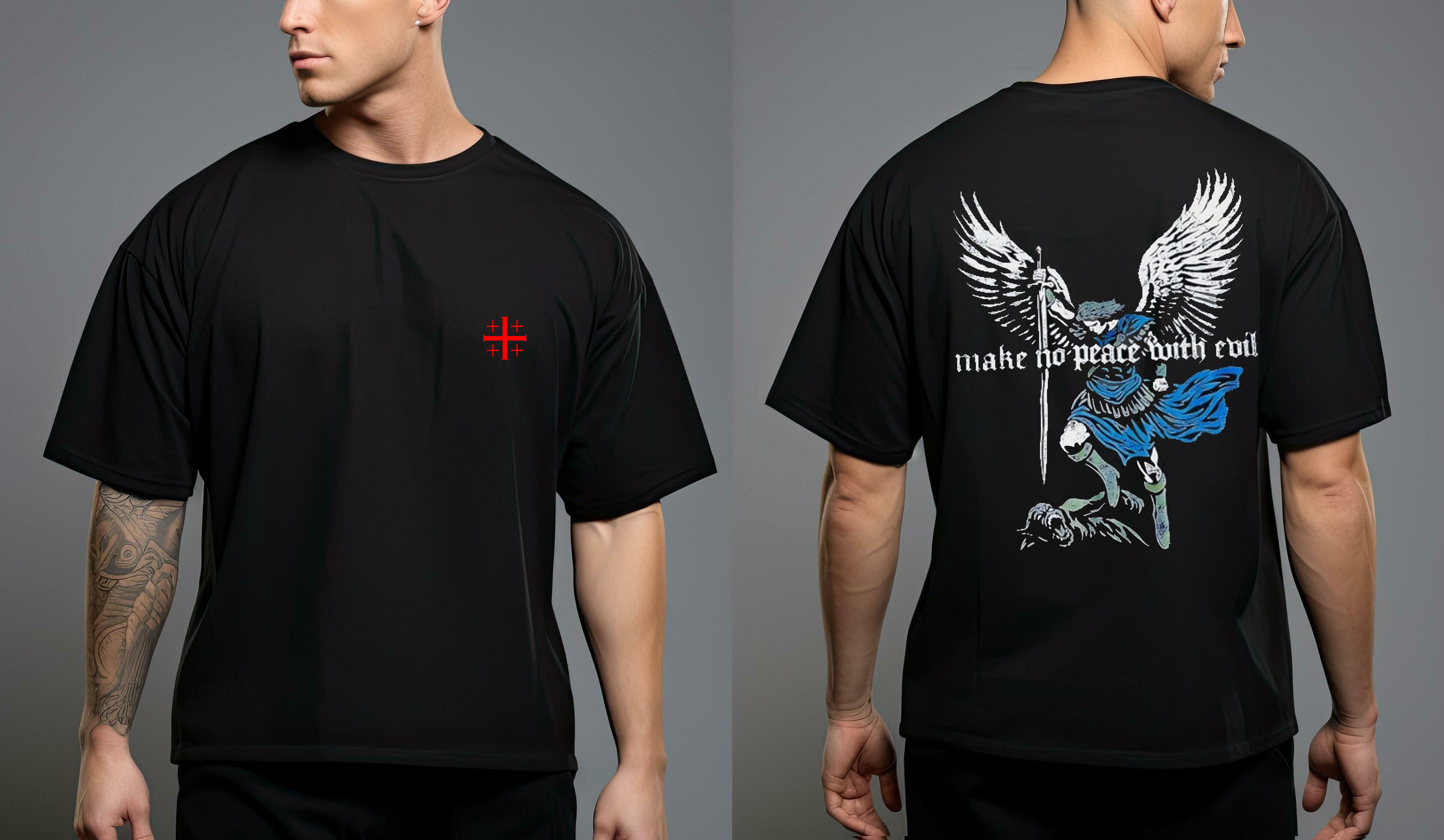 Make No Peace With Evil x Big Red Jerusalem Cross 2 Sided T Shirt