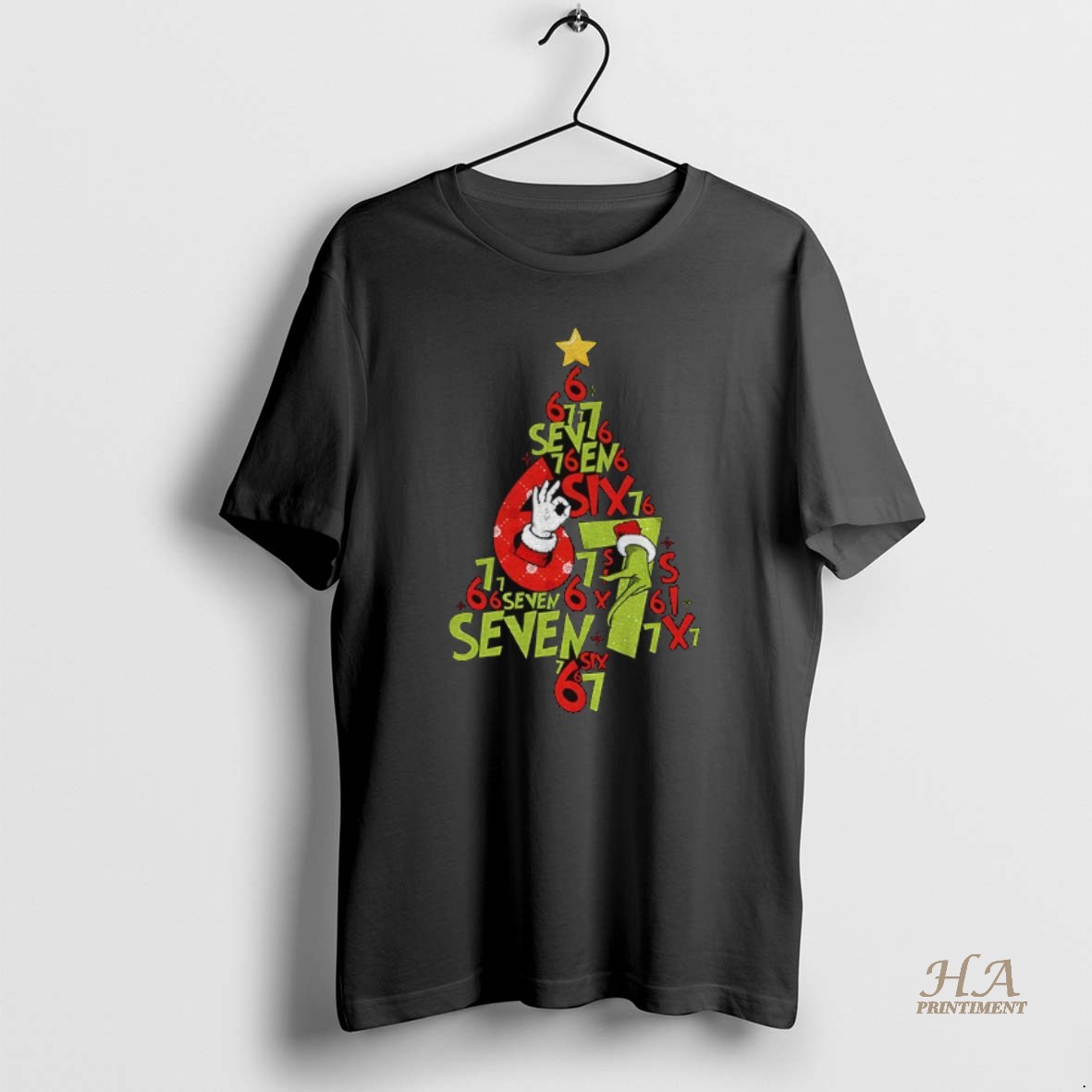 Official Six Seven 67 Meme Christmas Tree Santa Grinchmas Hand Internet Joke Shirt