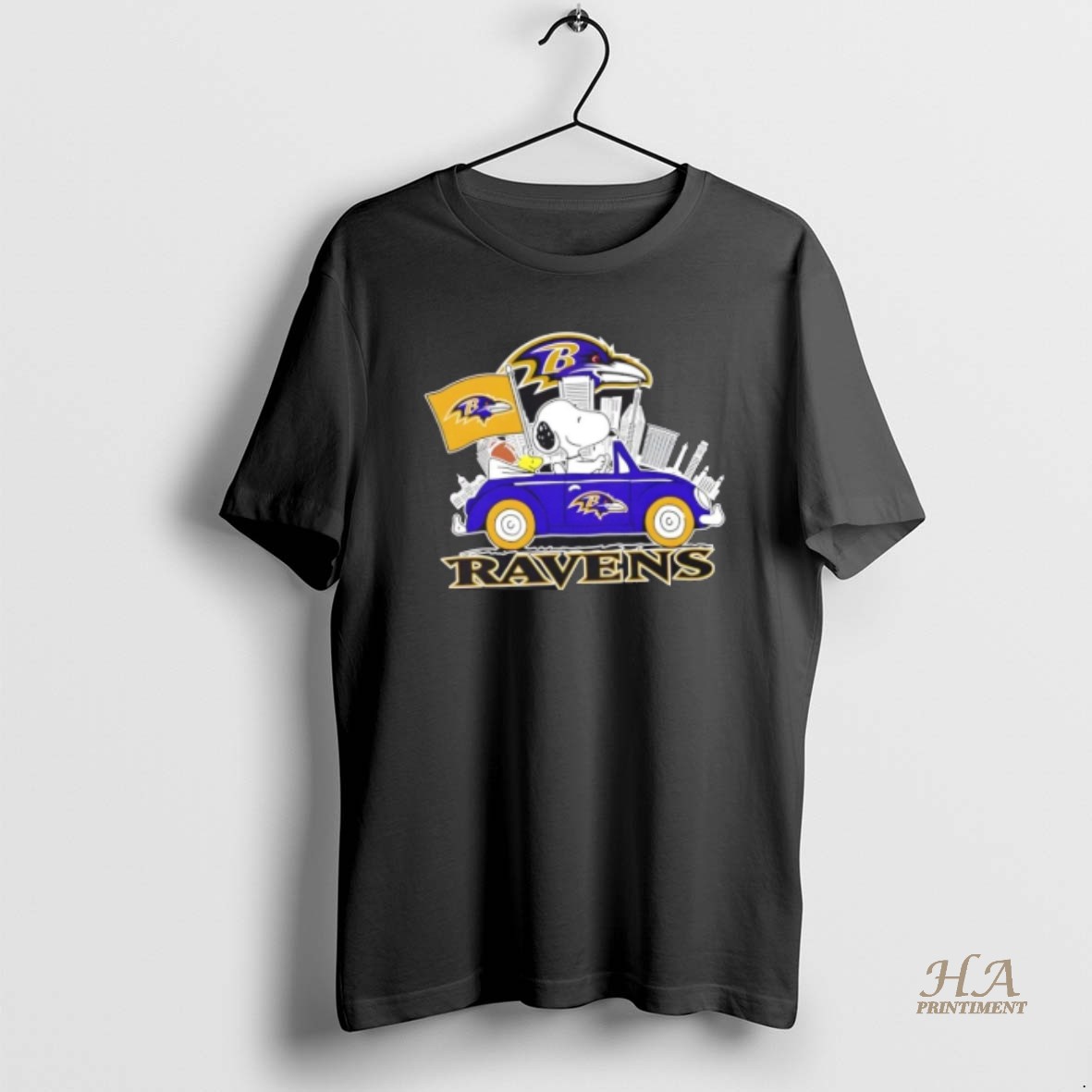 Official Snoopy Driving Car Baltimore Ravens Football City Skyline T Shirt
