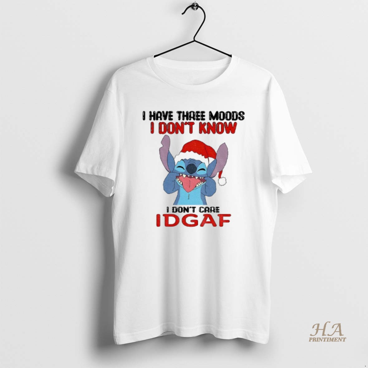 Official Stitch Santa Hat I Have Three Moods I Dont Know I Dont Care Idgaf Merry Christmas Shirt