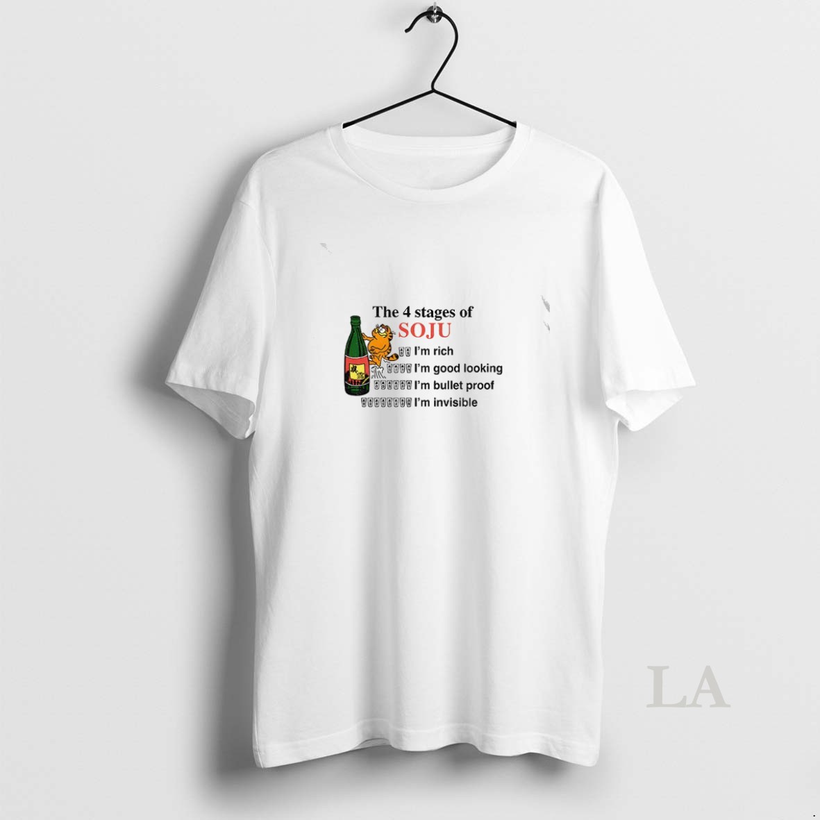 Original Orange Cat The 4 Stages Of Soju Im Rich Im Good Looking Im Bullet Proof Im Invisible Shirt