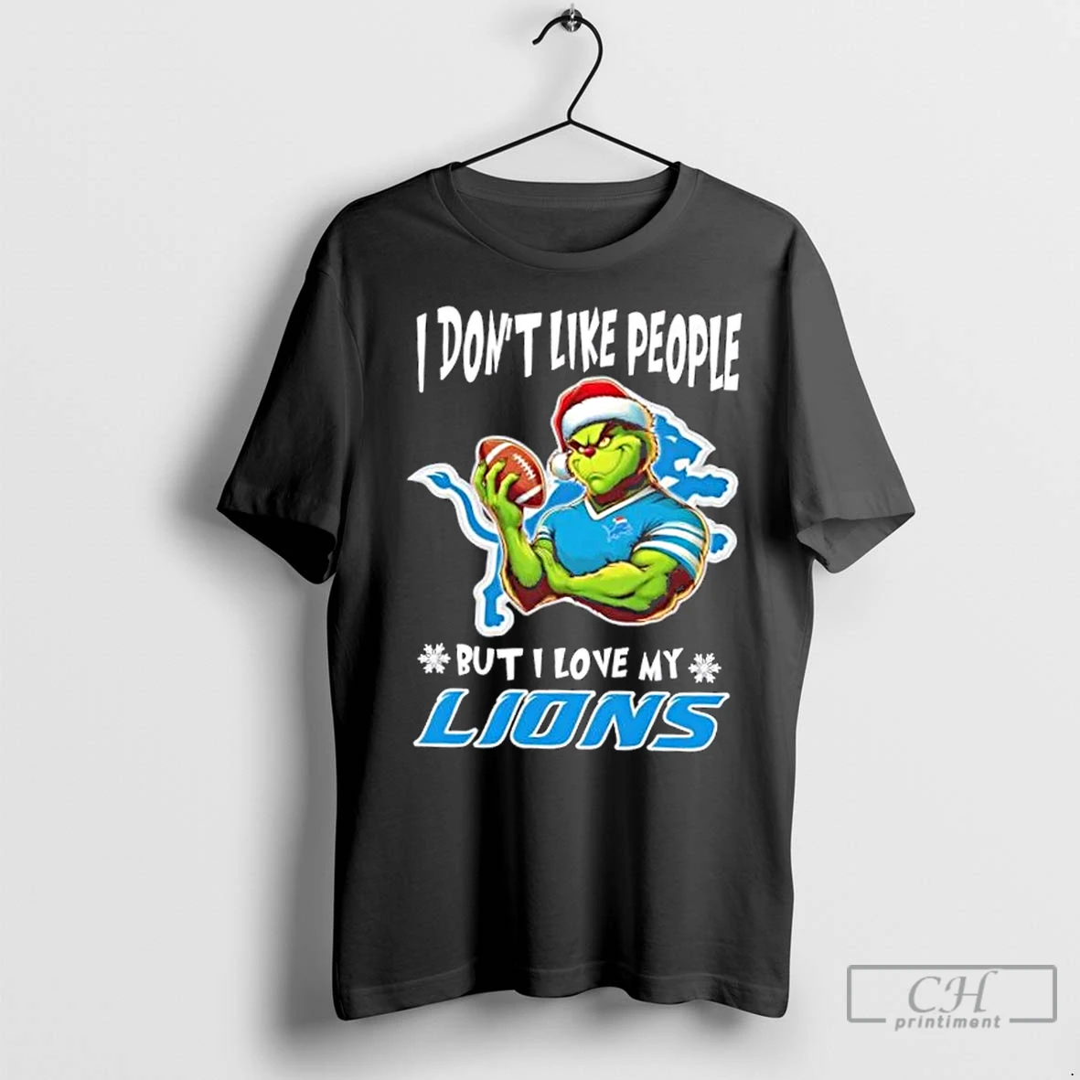 Premium Grinch I Dont Like People But I Love My Detroit Lions Football Christmas T Shirt
