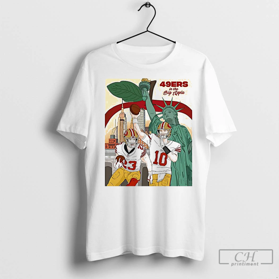 Premium Mac Jones And Christian Mccaffrey San Francisco 49ers In The Big Apple Statue Of Liberty T Shirt