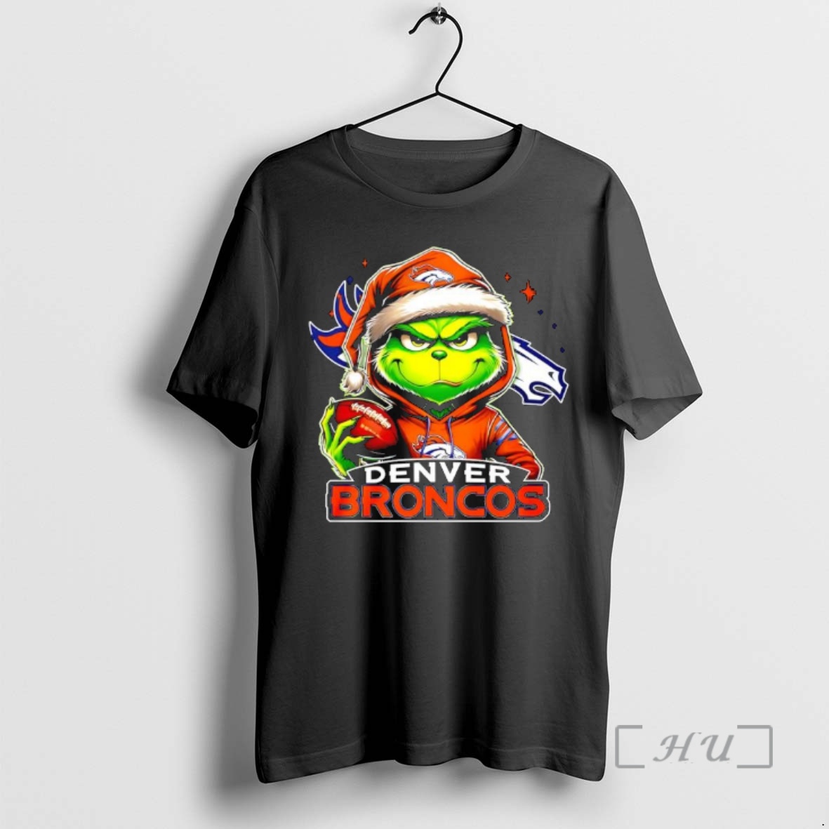 Trending Grinch Wearing Santa X Denver Broncos Hat Christmas Premium T Shirts Sweater Hoodie