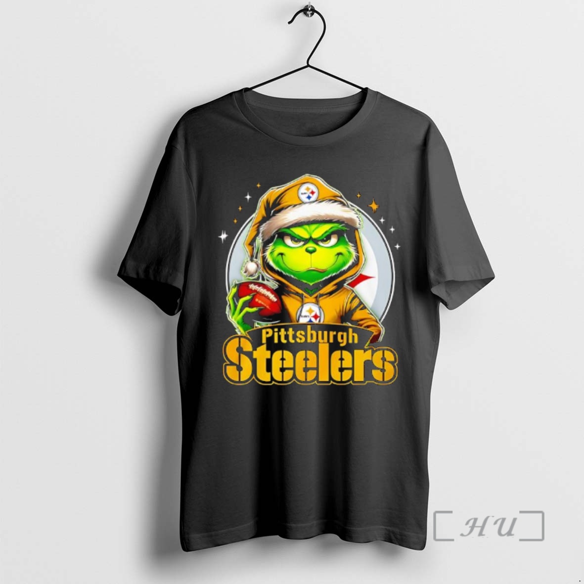 Trending Grinch Wearing Santa X Pittsburgh Steelers Hat Christmas Premium T Shirts Sweater Hoodie