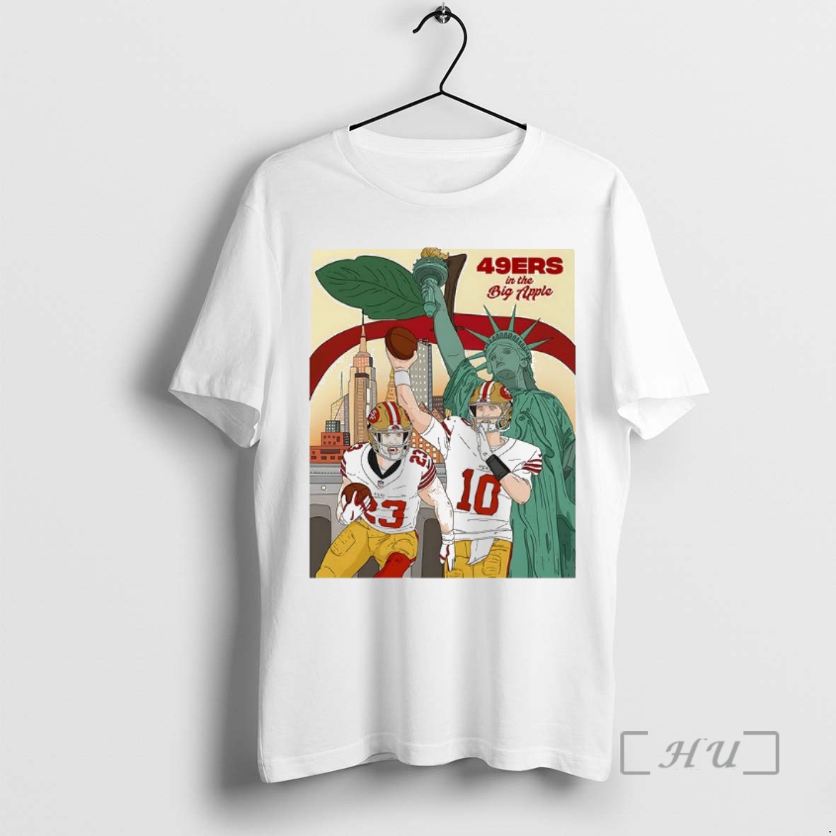 Trending Mac Jones And Christian Mccaffrey San Francisco 49ers In The Big Apple Statue Of Liberty Premium T Shirt Sweater Hoodie