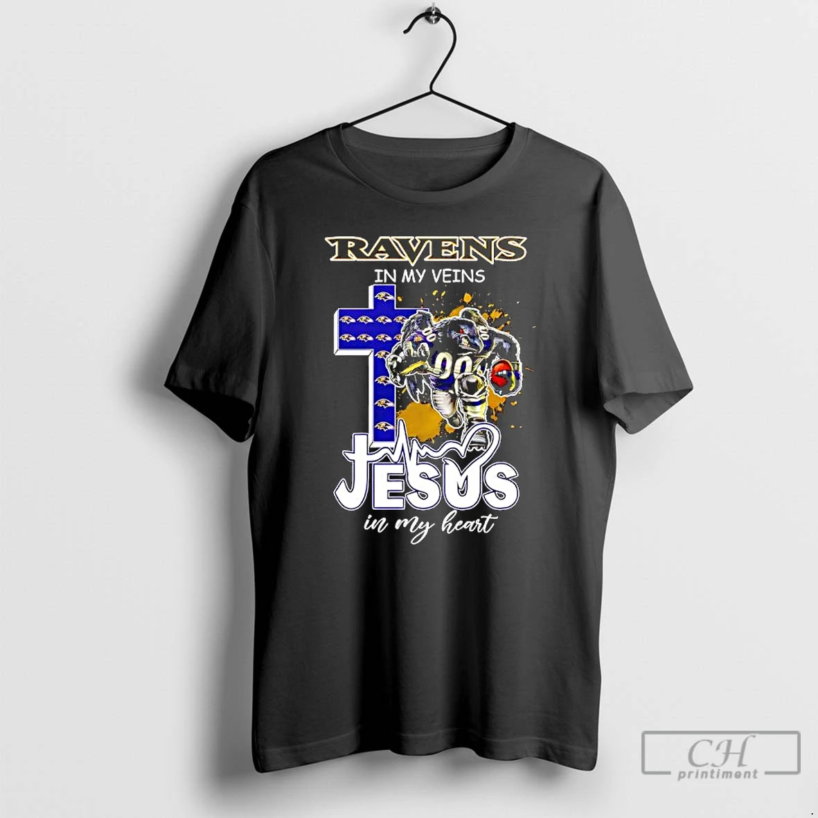 Classic Baltimore Ravens In My Veins Jesus In My Heart Features A Football Player Logos Cross T Shirts Sweater Hoodie