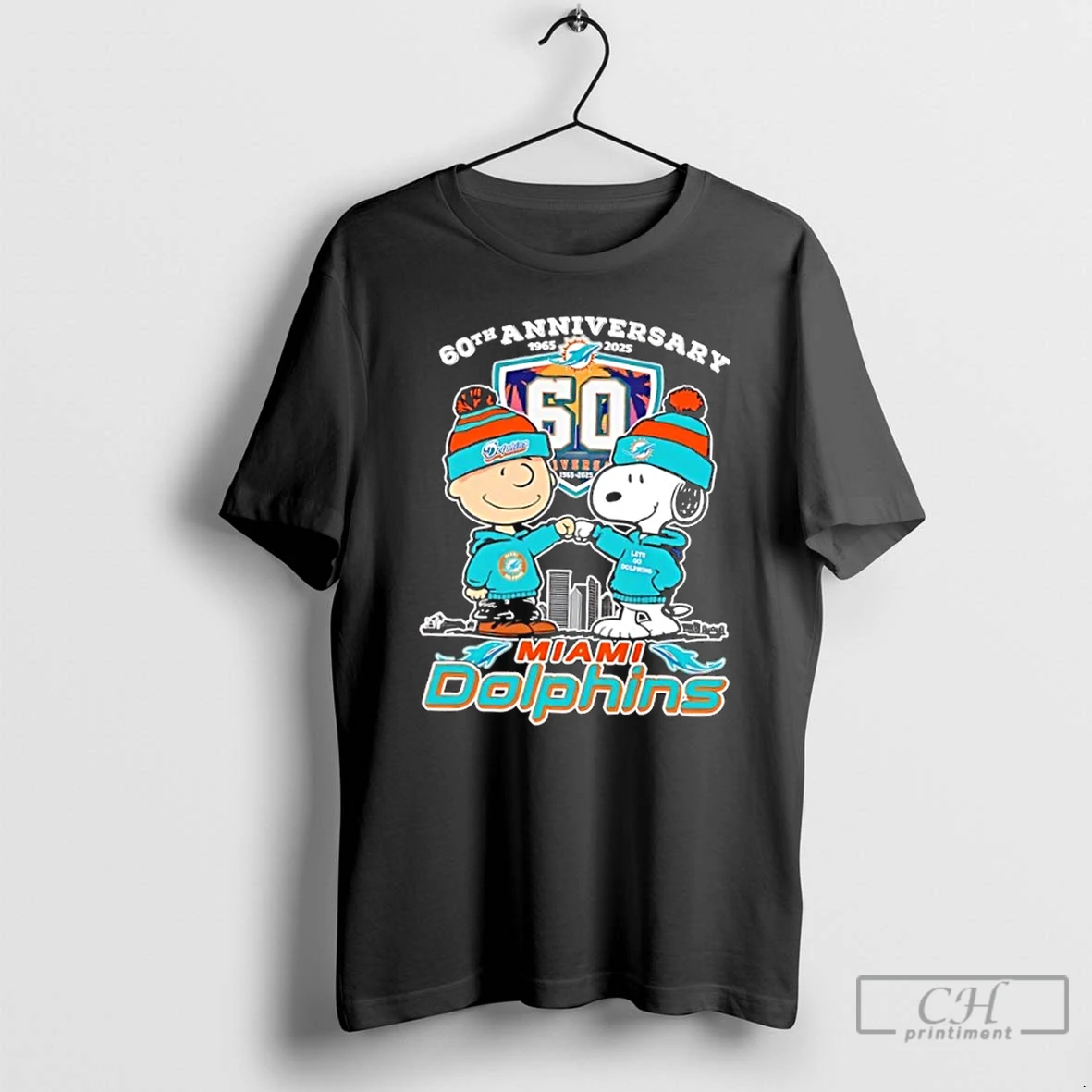 Classic Charlie Brown Fist Bump Snoopy 60th Anniversary 1965 2025 Miami Dolphins Skyline T Shirts Sweater Hoodie