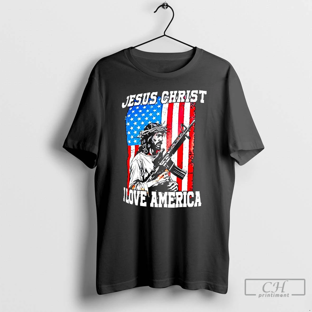 Classic Jesus Christ I Love America Rifle American Flag Graphic T Shirts Sweater Hoodie