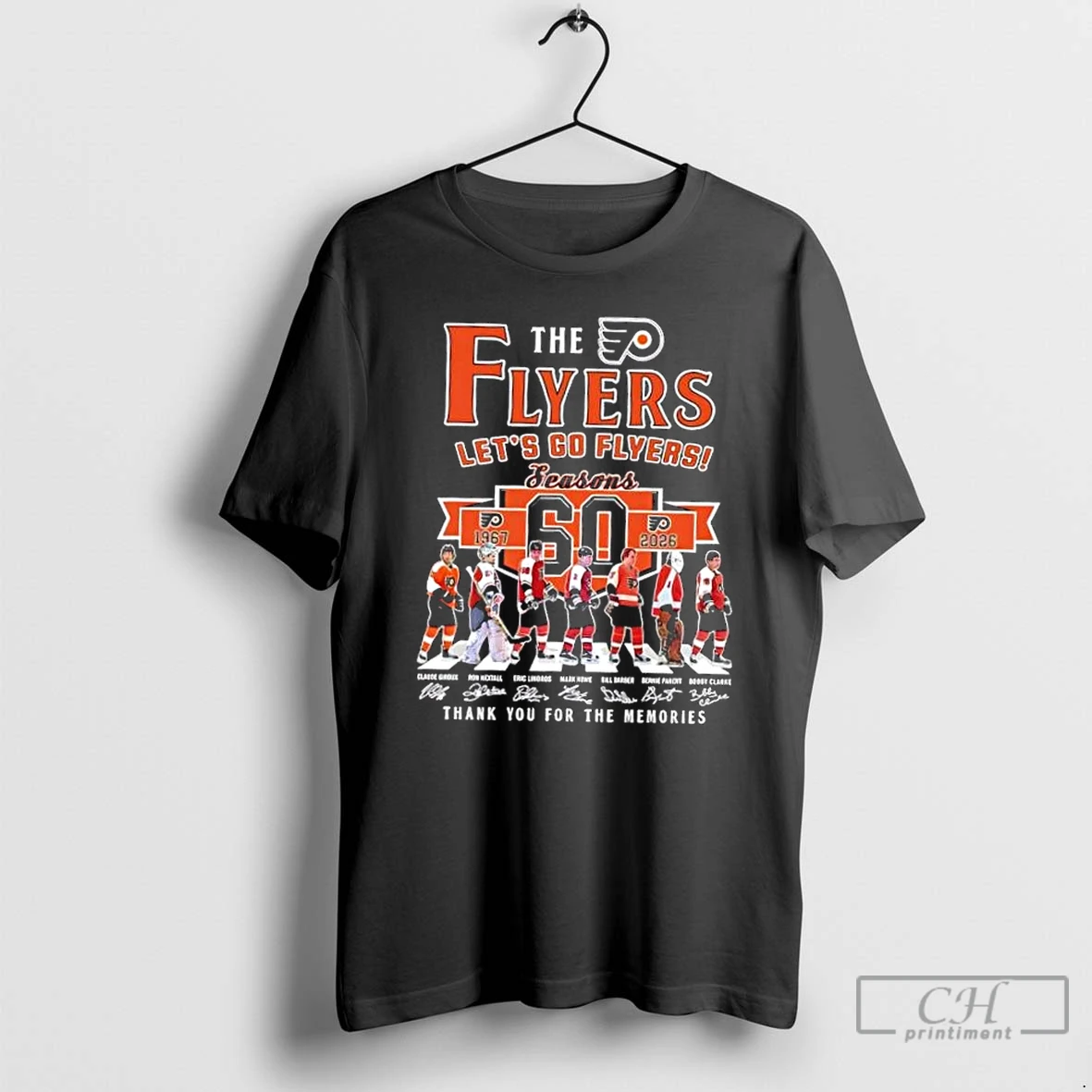 Classic Lets Go Philadelphia Flyers 60 Seasons 1967 2026 Bobby Clarke And Legends Abbey Road Signatures T Shirts Sweater Hoodie