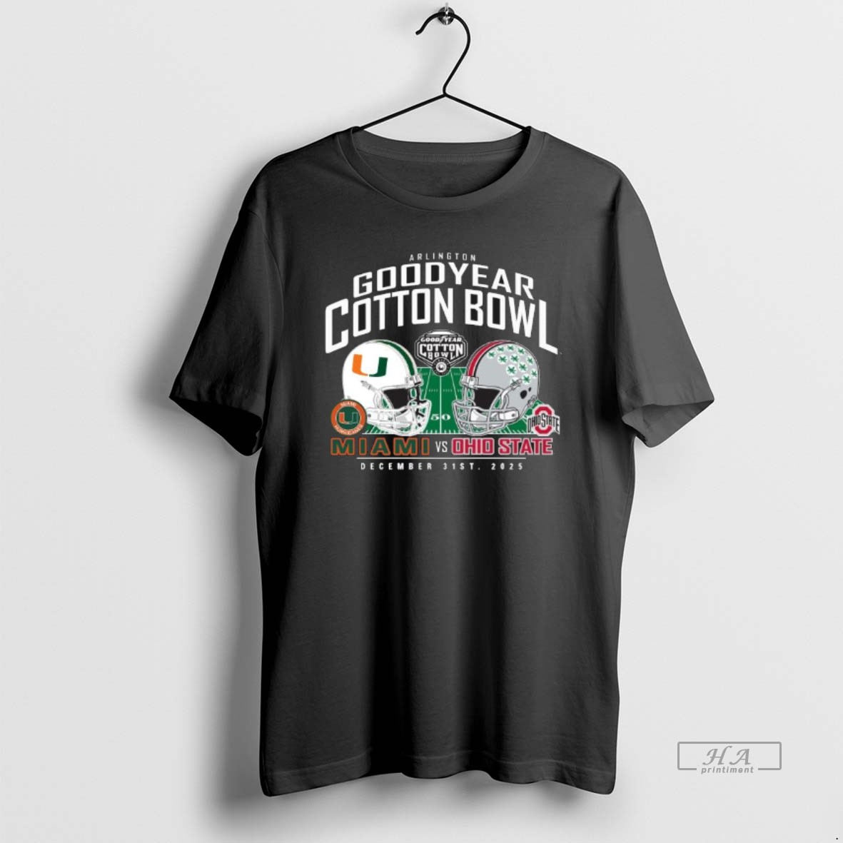 Official Arlington Miami Hurricanes Vs Ohio State Buckeyes 2025 Cotton Bowl Helmet Matchup T Shirt