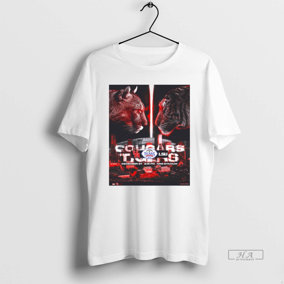 Official Houston Cougars Vs Lsu Tigers Kinders Texas Bowl December 27 2025 Nrg Stadium T Shirt