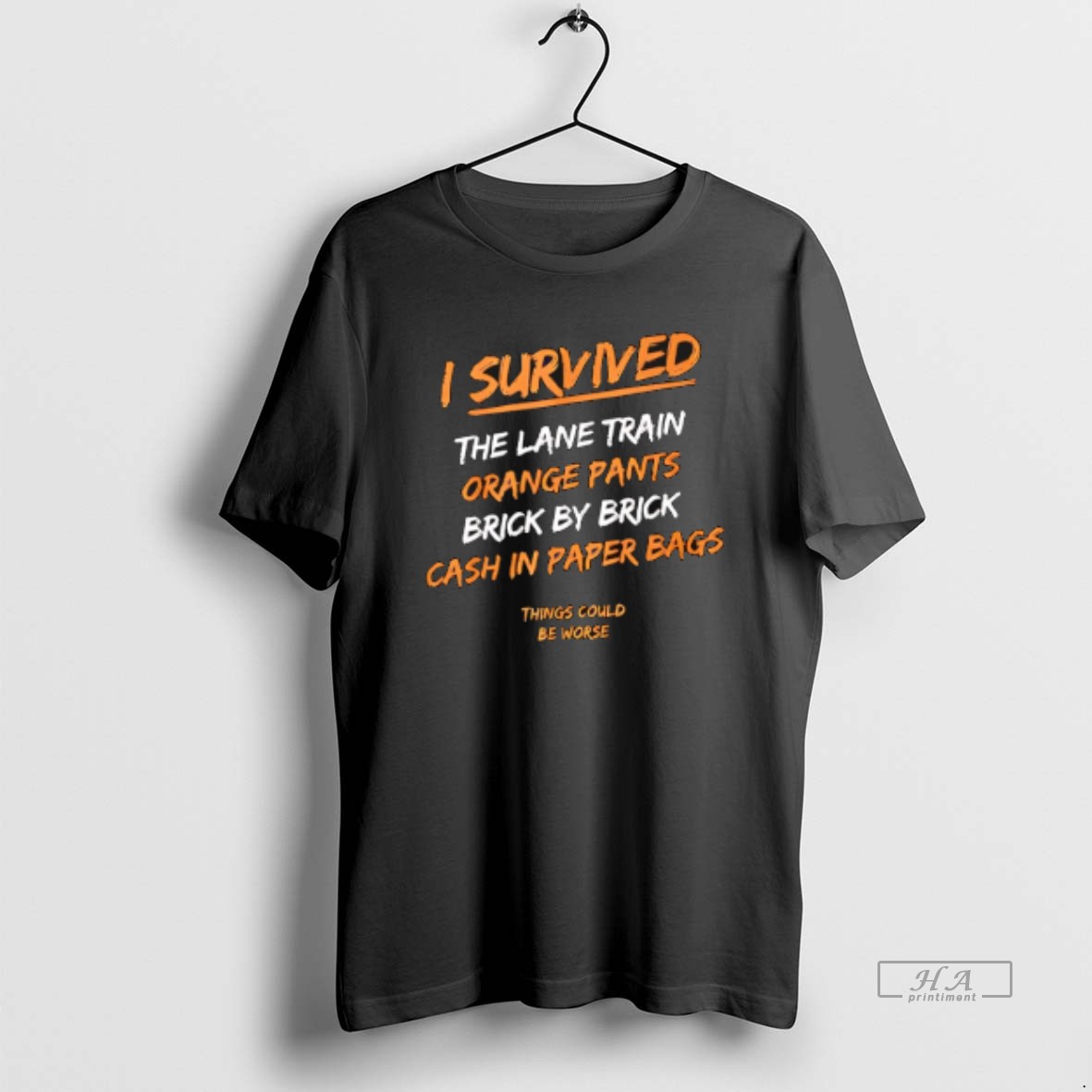 Official I Survived The Lane Train Orange Pants Brick T Shirt