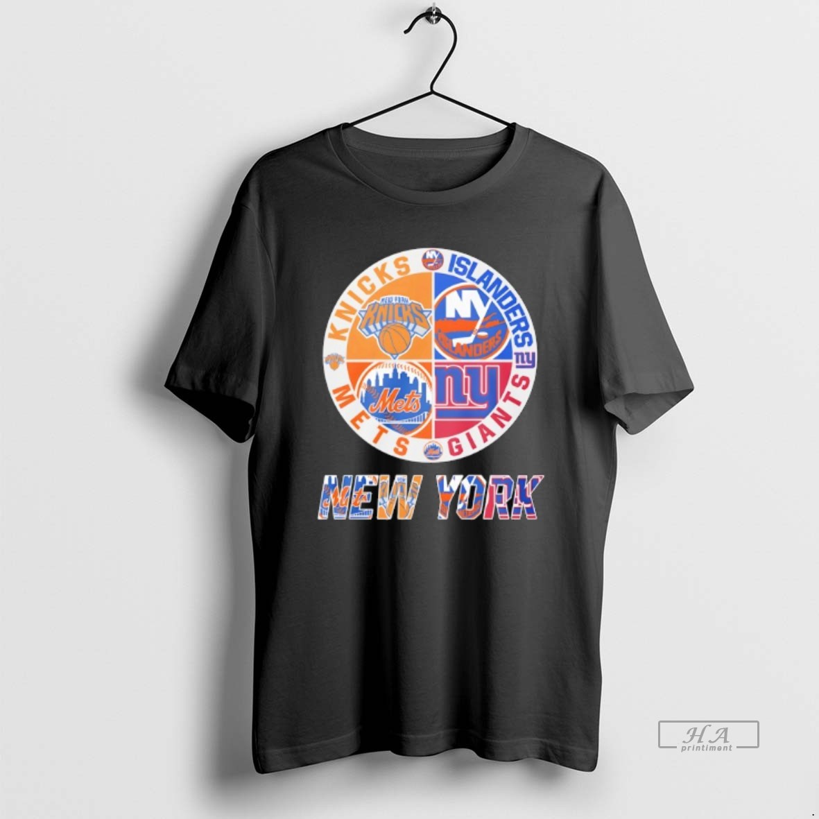Official New York Knicks New York Islanders New York Mets New York Giants Mashup Logo T Shirt