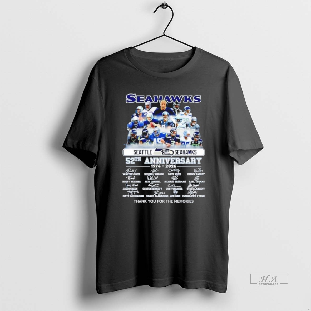 Official Seattle Seahawks 52th Anniversary 1974 2026 Signatures Thank You T Shirt