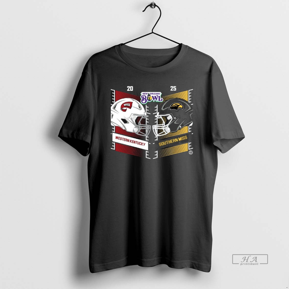 Official Western Kentucky Hilltoppers Vs Southern Miss Golden Eagles 2025 New Orleans Bowl Head To Head Helmet Shirt