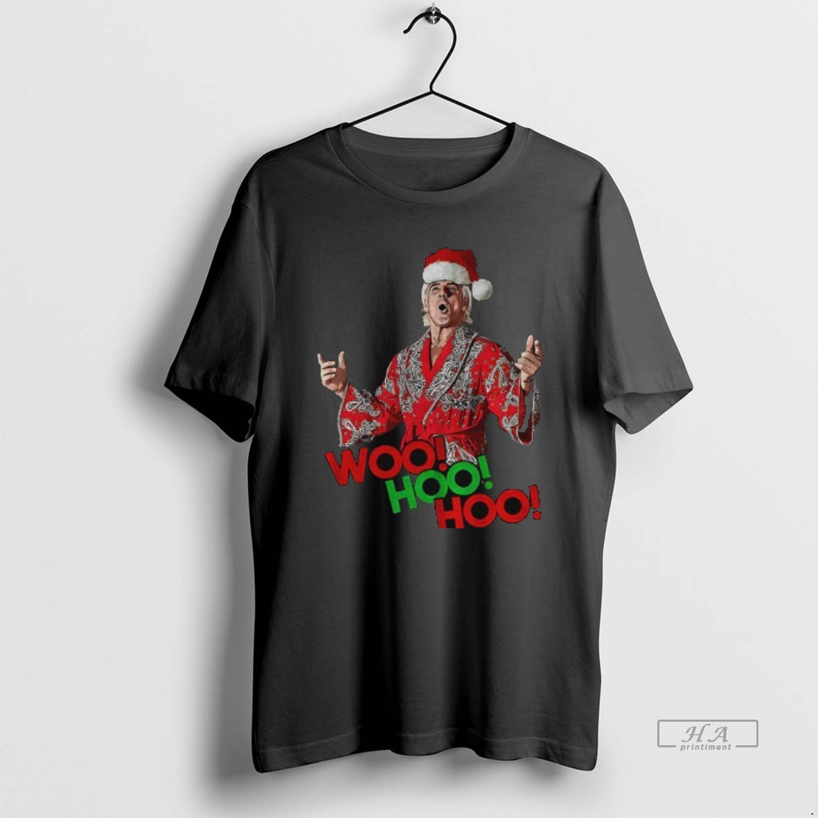 Official Woo Hoo Hoo Black Christmas Tee With Wrestling Legend Rick Flair In Santa Hat Shirt