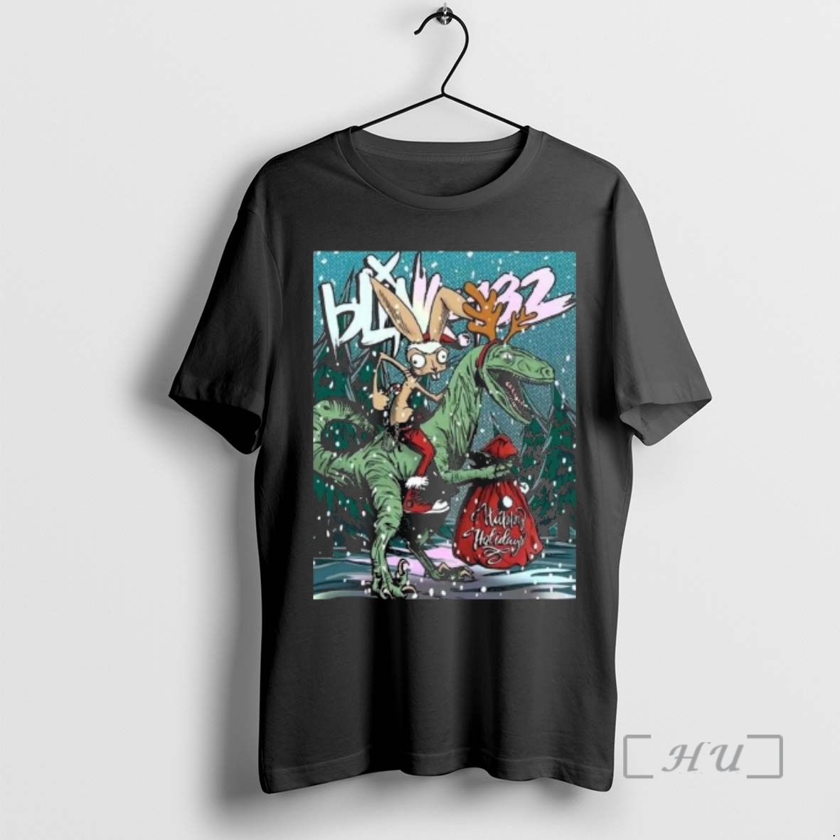 Officials Blink 182 Happy Holidays 2025 Merry Xmas Rabbit Riding Velociraptor Premium T Shirts Sweater Hoodie