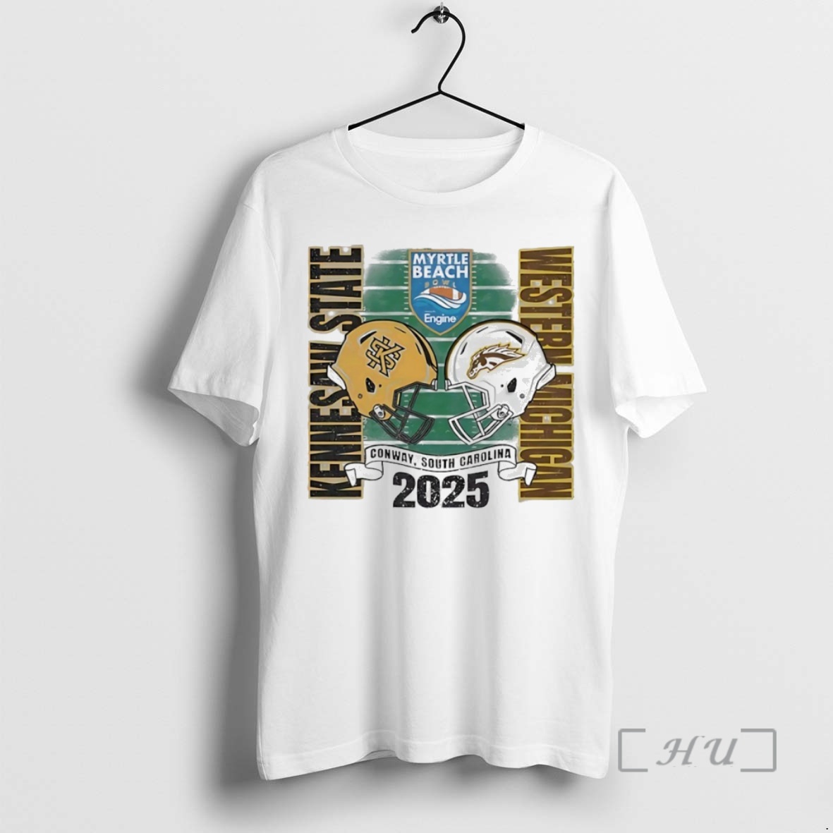 Officials Kennesaw State Owls Vs Western Michigan Broncos 2025 Myrtle Beach Bowl Helmet Circle Premium T Shirts Sweater Hoodie