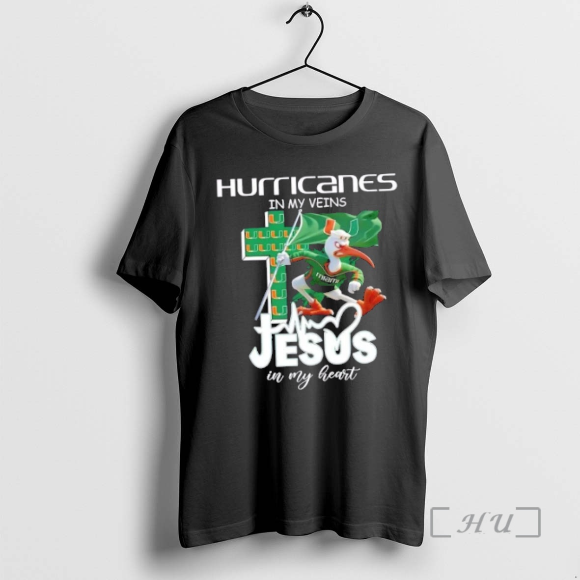 Officials Miami Hurricanes Mascot Hold Flag In My Veins Jesus In My Heart Premium T Shirts Sweater Hoodie