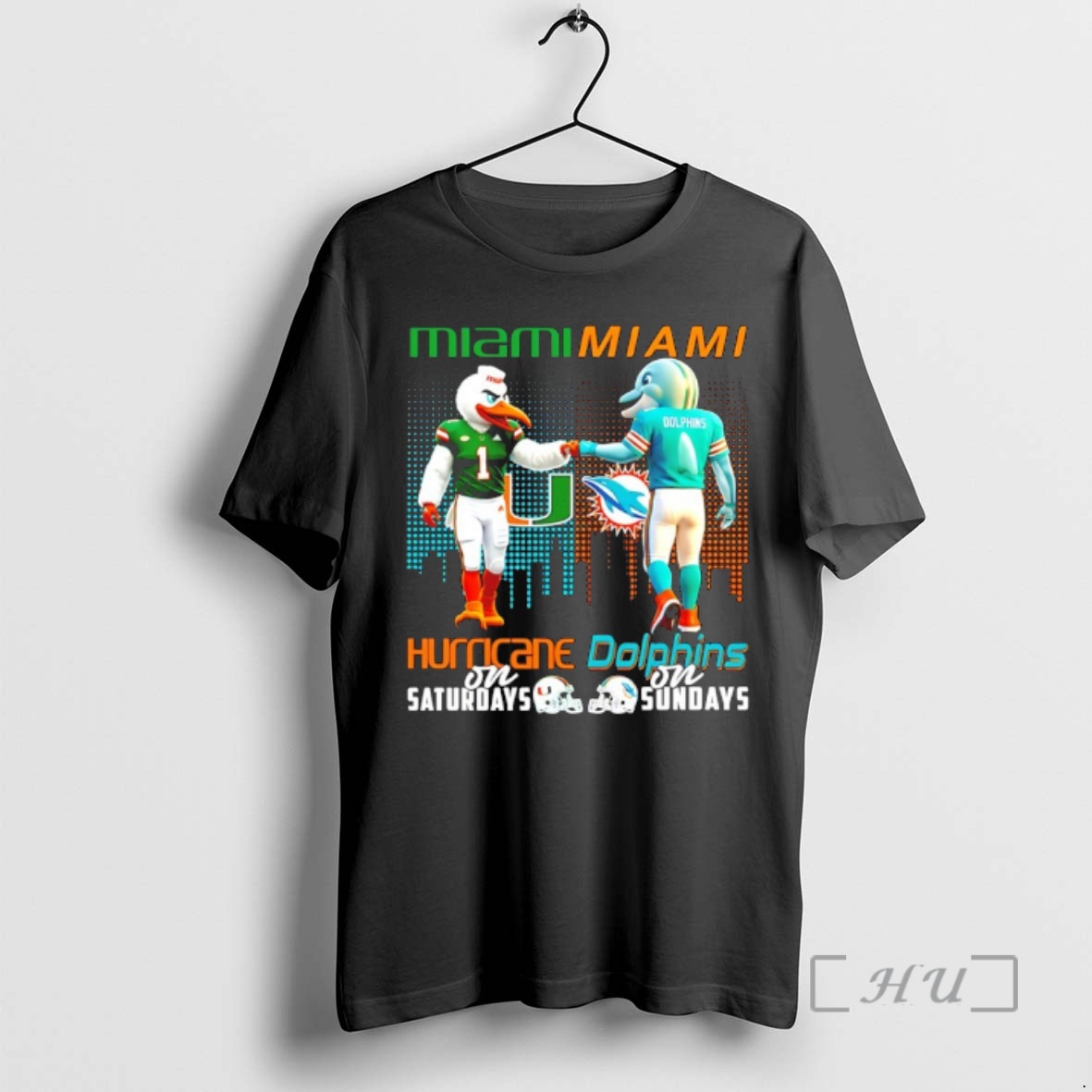 Officials Miami Hurricanes On Saturdays Vs Miami Dolphins On Sundays Mascot Skyline Premium T Shirts Sweater Hoodie