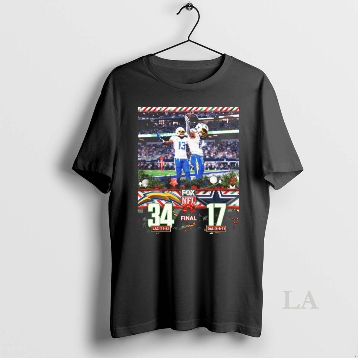 Original Los Angeles Chargers Defeat Dallas Cowboys Final 34 17 Fox Nfl Merry Christmas Shirt