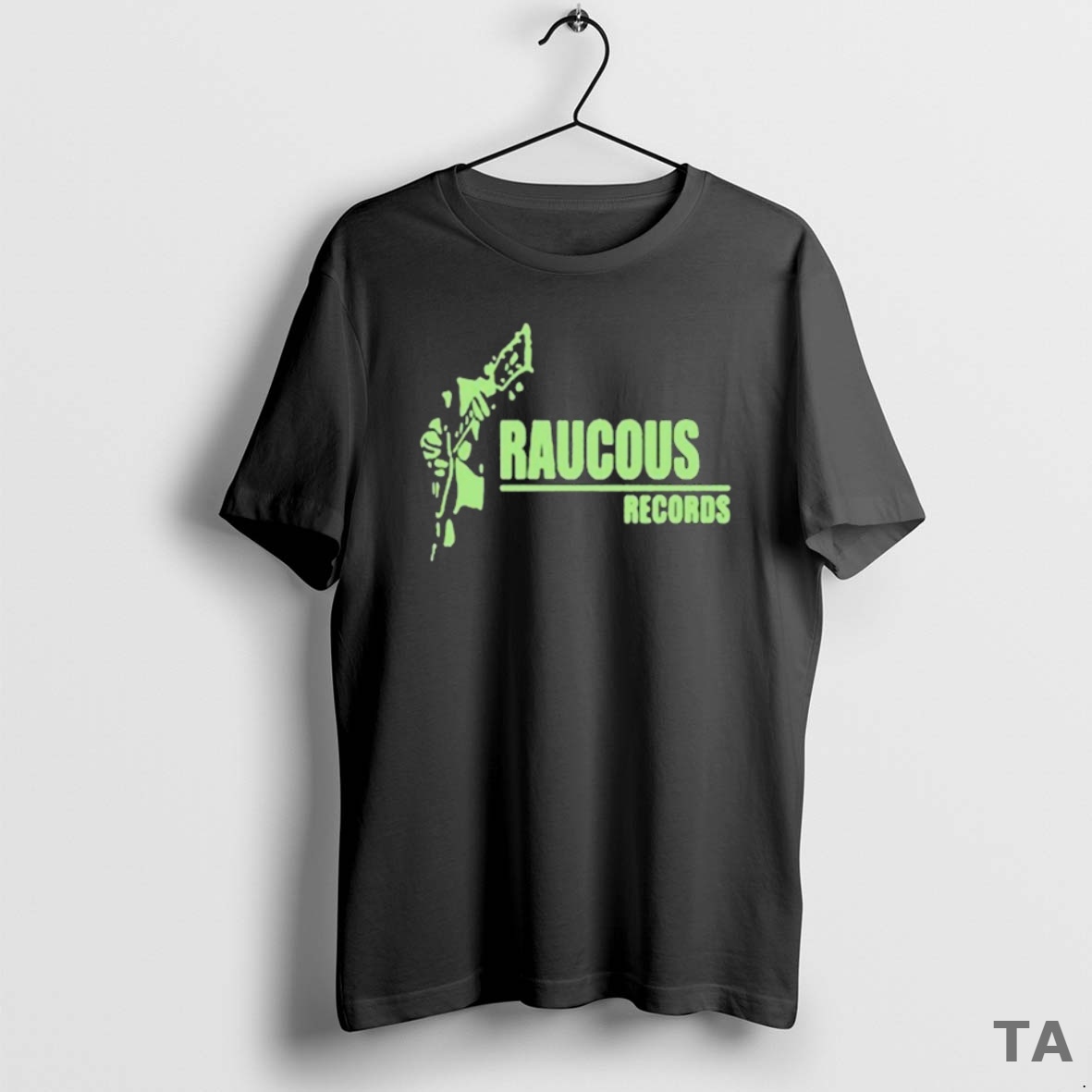Top Raucous Records Guitar Logo T Shirt Sweater
