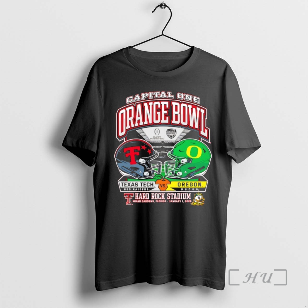 Trending Texas Tech Red Raiders Vs Oregon Ducks Capital One Orange Bowl 2026 Dueling Helmets Premium T Shirts Sweater Hoodie