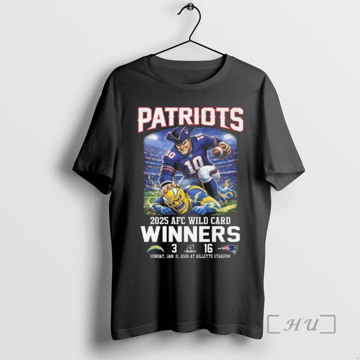 Officials New England Patriots 2025 Afc Wild Card Winners Score 16 3 Los Angeles Chargers Mascot Jan 11 2026 Premium T Shirts Sweater Hoodie