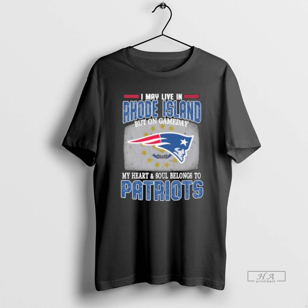 Trendy Official I May Live In Rhode Island But On Game Day My Heart And Soul Belongs To New England Patriots T Shirt