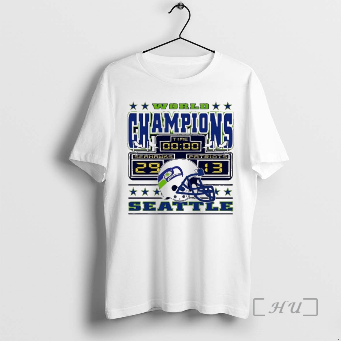 Officials World Champions Seattle Seahawks 29 Patriots 13 Scoreboard Helmet Premium T Shirts Sweater Hoodie