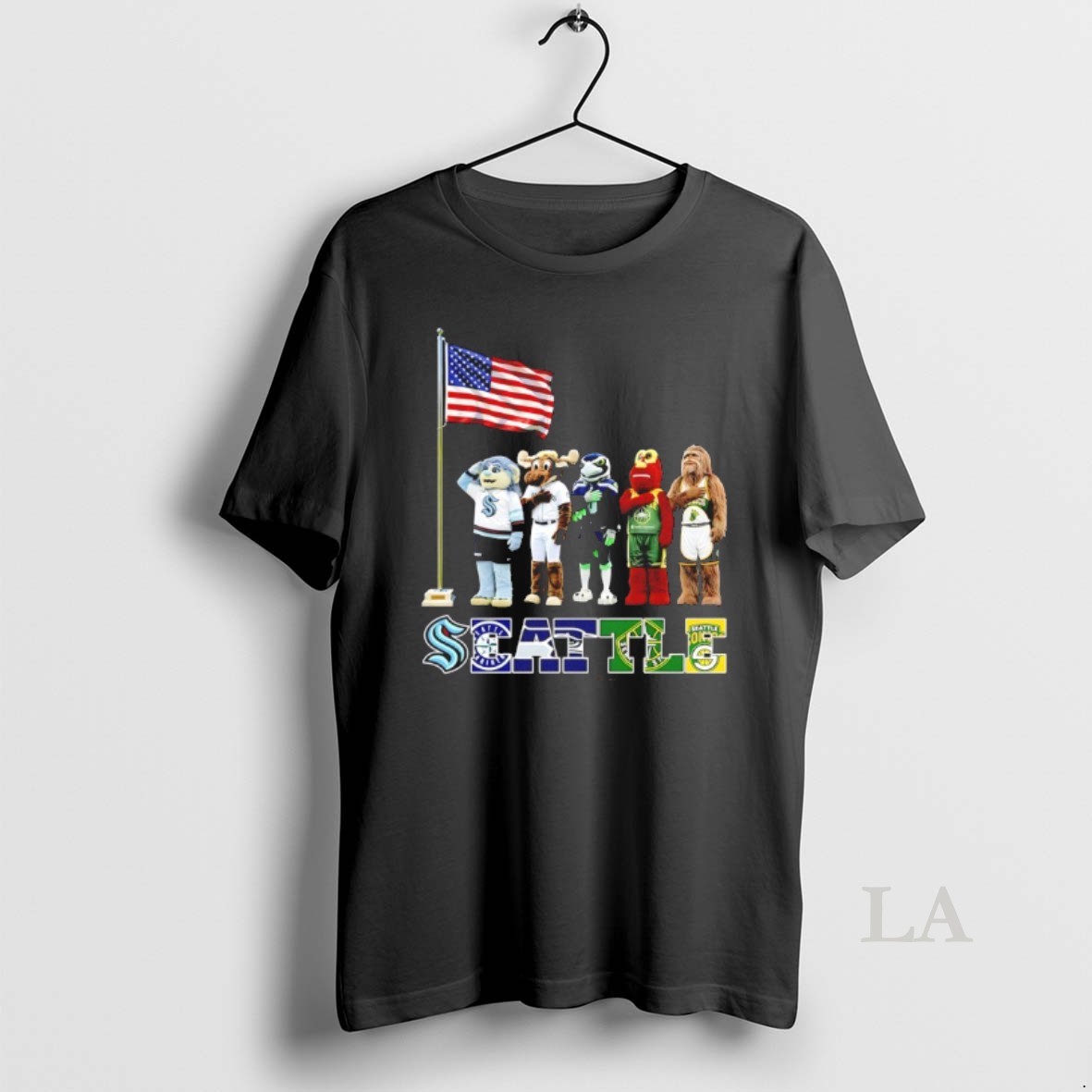 Original Seattle City Sports Mascot Front Of An American Flag Shirt