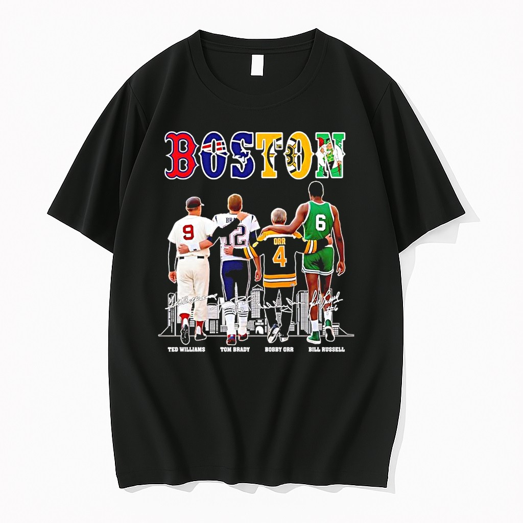 Official Boston Sports Legends Ted Williams Tom Brady Bobby Orr Bill Russell Team Logos Signature T Shirts