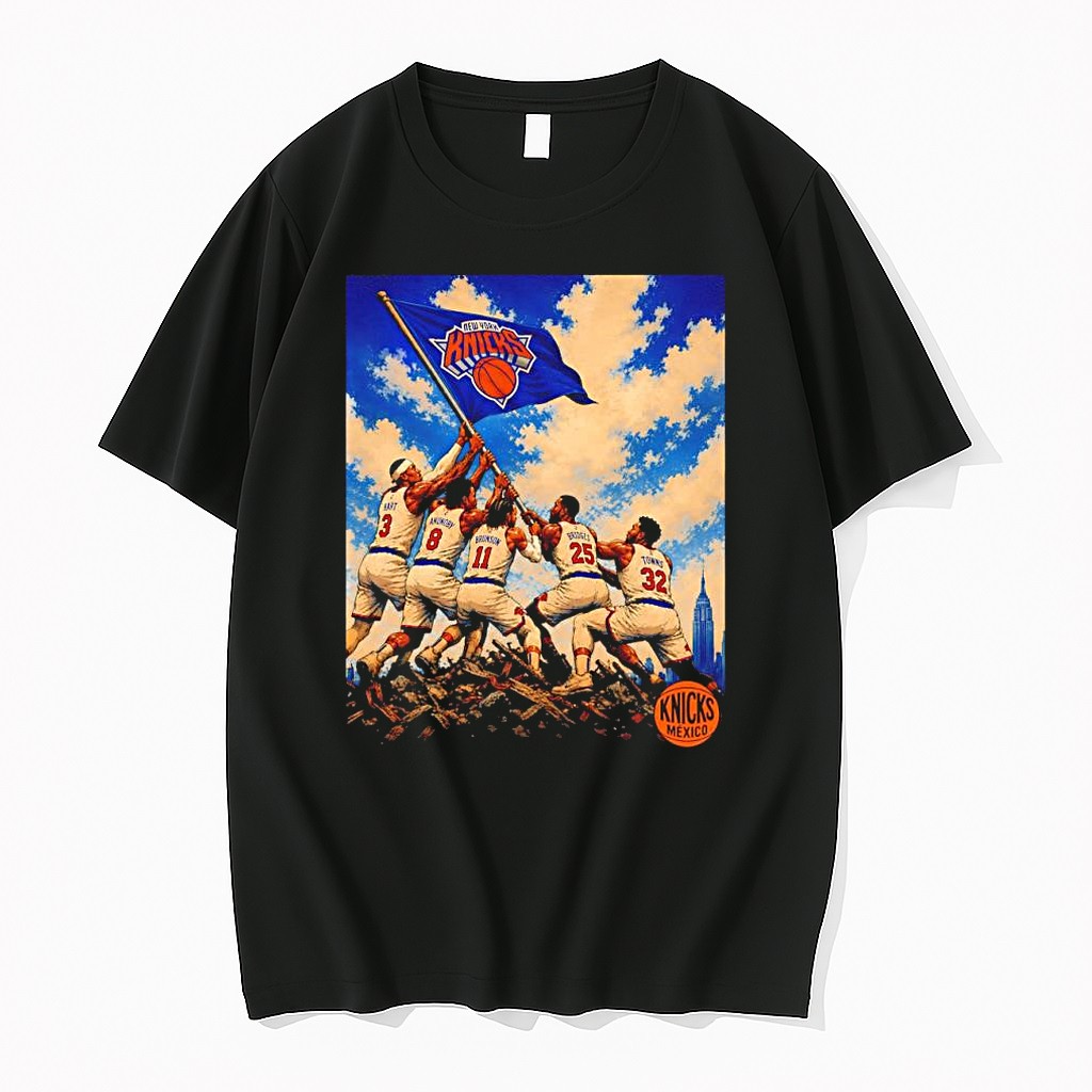 Official New York Knicks Nba Playoffs 2026 Team Flag Raising Heroic Nyc Skyline T Shirts