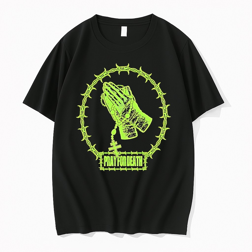 Official Praying Hands Rosary Cross Pray For Death Barbed Wire Edgy Gothic T Shirts