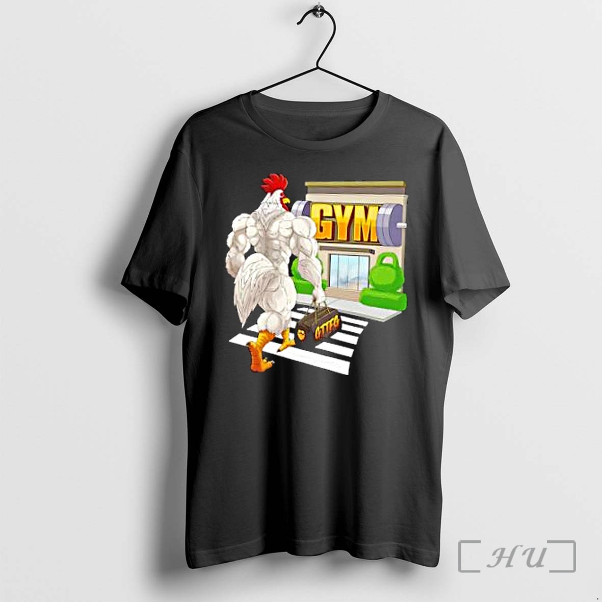 Officials Muscular White Rooster Walking On Zebra Crossing To Gym Premium T Shirts Sweater Hoodie
