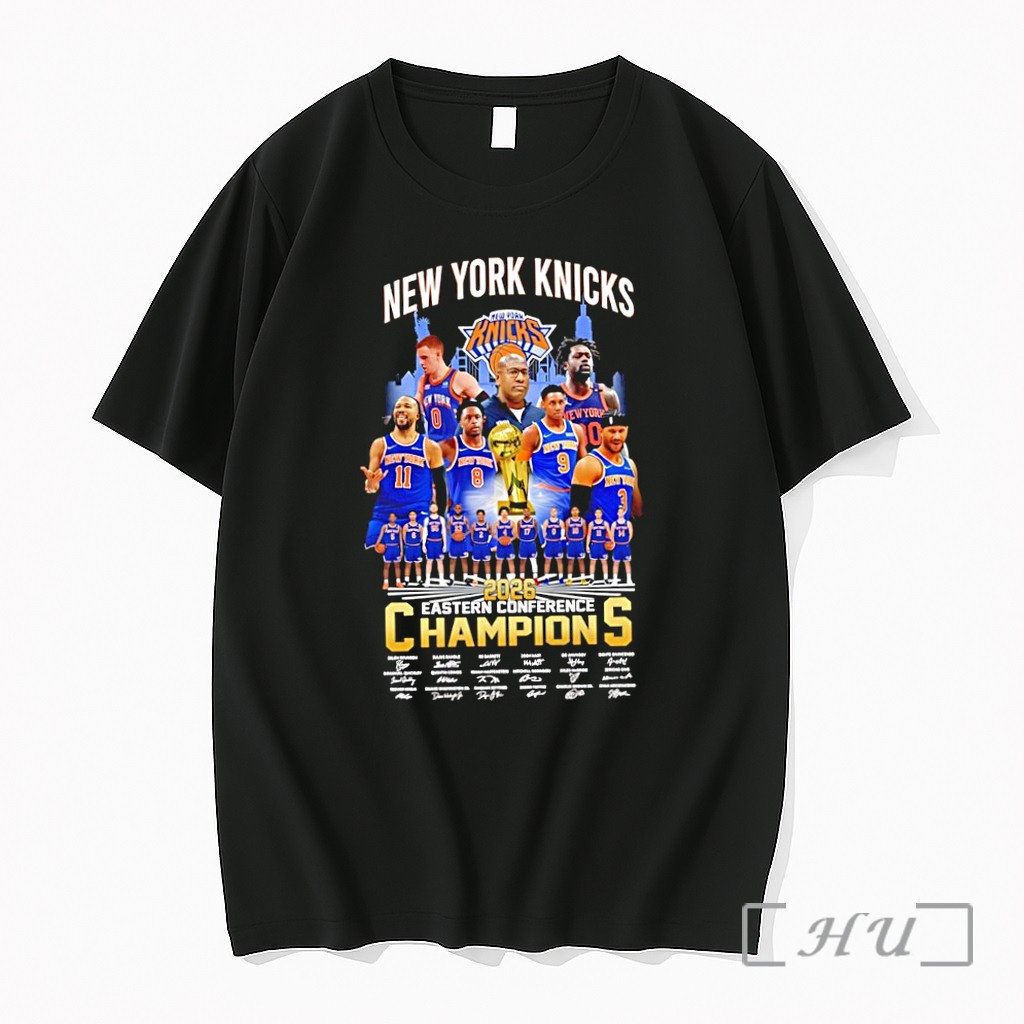 Officials New York Knicks 2026 Eastern Conference Champions Collage Team Signatures Trophy Premium T Shirts Sweater Hoodie