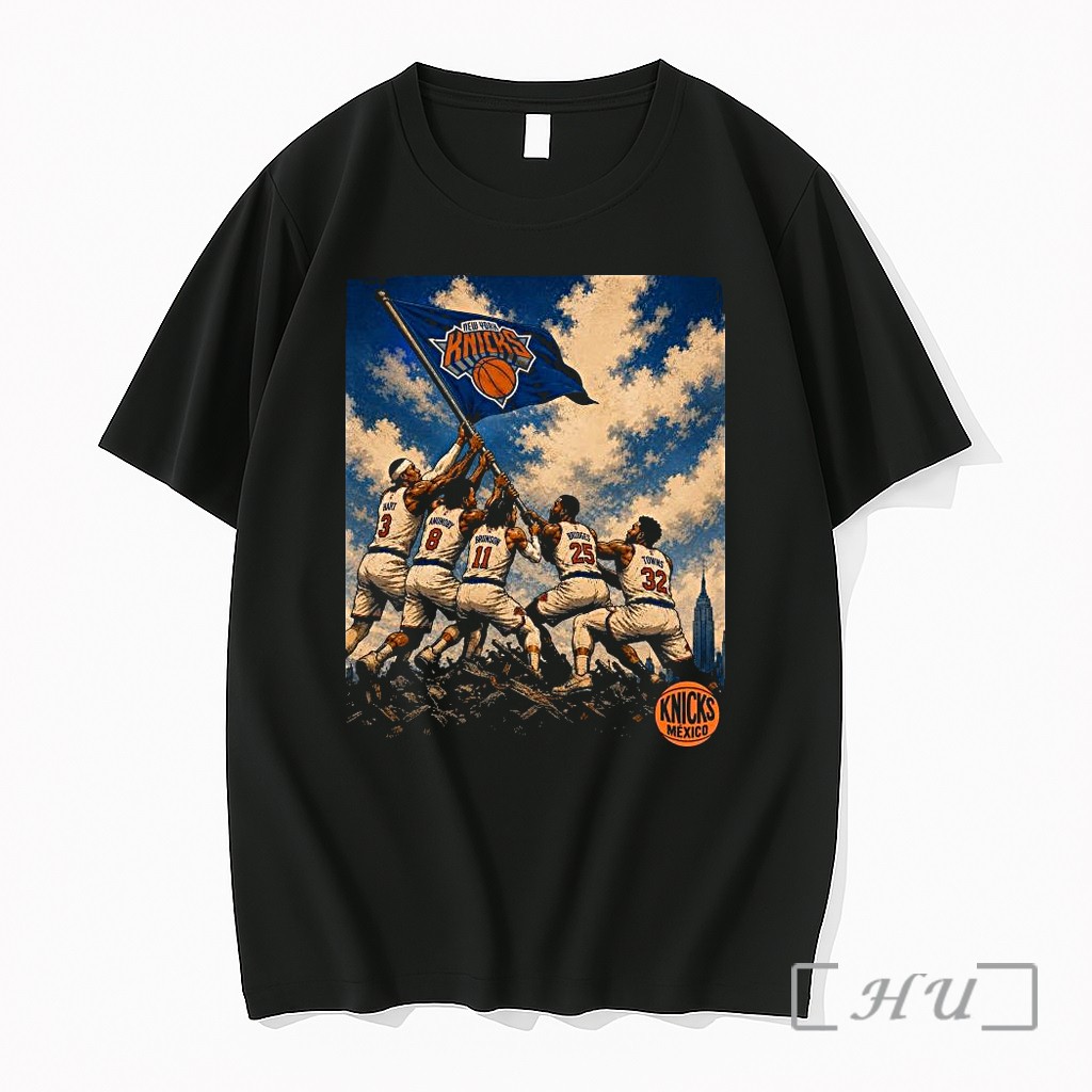 Officials New York Knicks Nba Playoffs 2026 Team Flag Raising Heroic Nyc Skyline 1 Premium T Shirts Sweater Hoodie