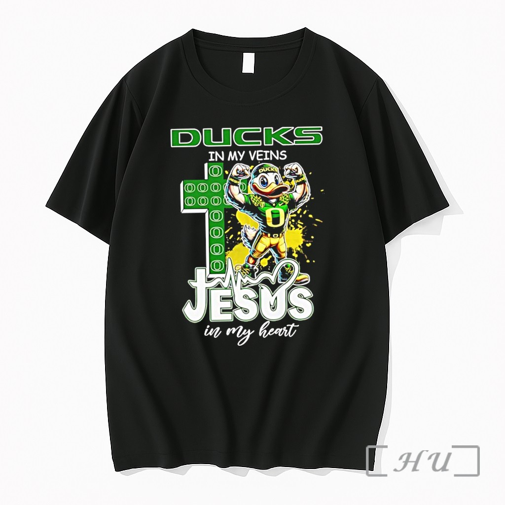 Officials Oregon Ducks Football In My Veins Jesus In My Heart Mascot Premium T Shirts Sweater Hoodie