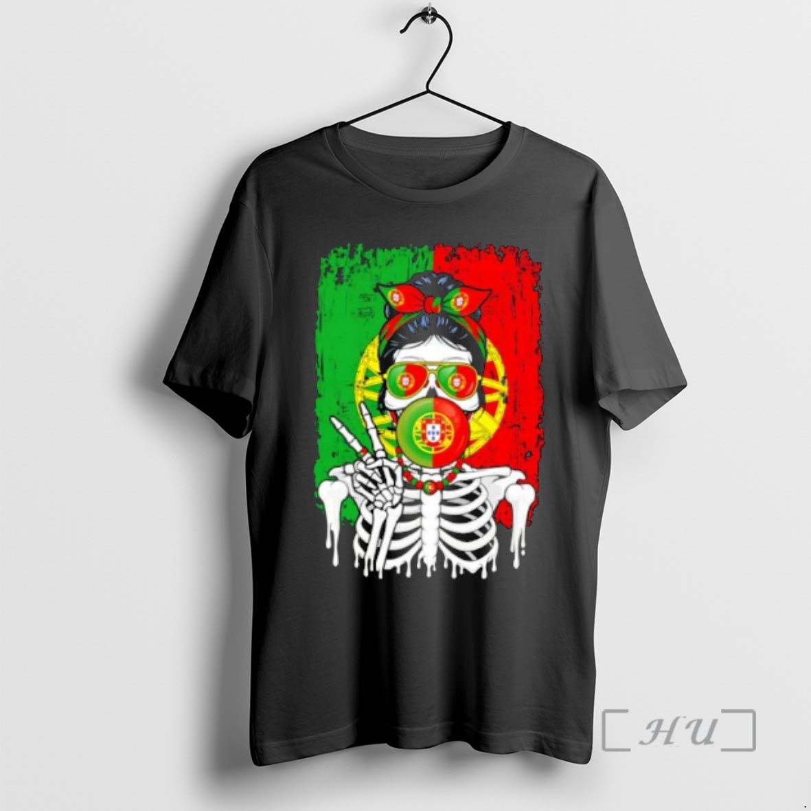 Officials Portugal Flag Skull Messy Bun Sunglasses Peace Sign Bubble Gum Premium T Shirts Sweater Hoodie
