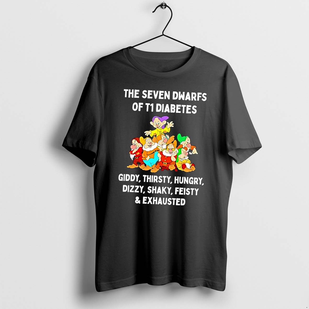 Officials Seven Dwarfs Type 1 Diabetes Awareness Giddy Thirsty Hungry Dizzy Shaky Feisty Exhausted Symptoms Black Premium T Shirt Sweatshirt Hoodie