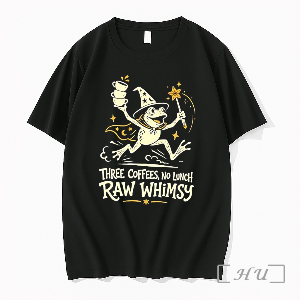 Officials Three Coffees No Lunch Raw Whimsy Frog Wizard Tee Premium T Shirts Sweater Hoodie