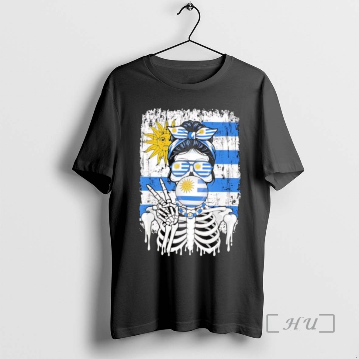 Officials Uruguay Flag Skull Messy Bun Sunglasses Peace Sign Bubble Gum Premium T Shirts Sweater Hoodie