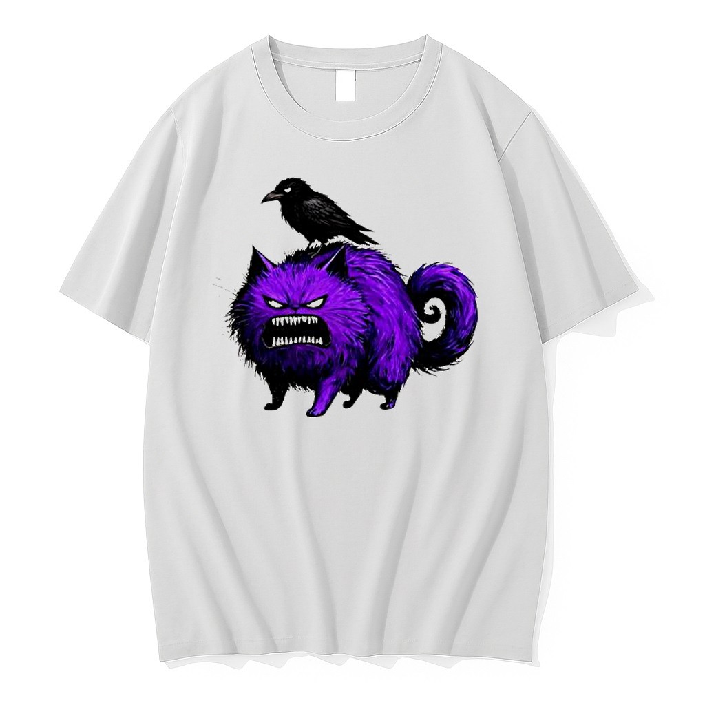 Original Angry Purple Fluffy Cat With Black Crow Tshirts