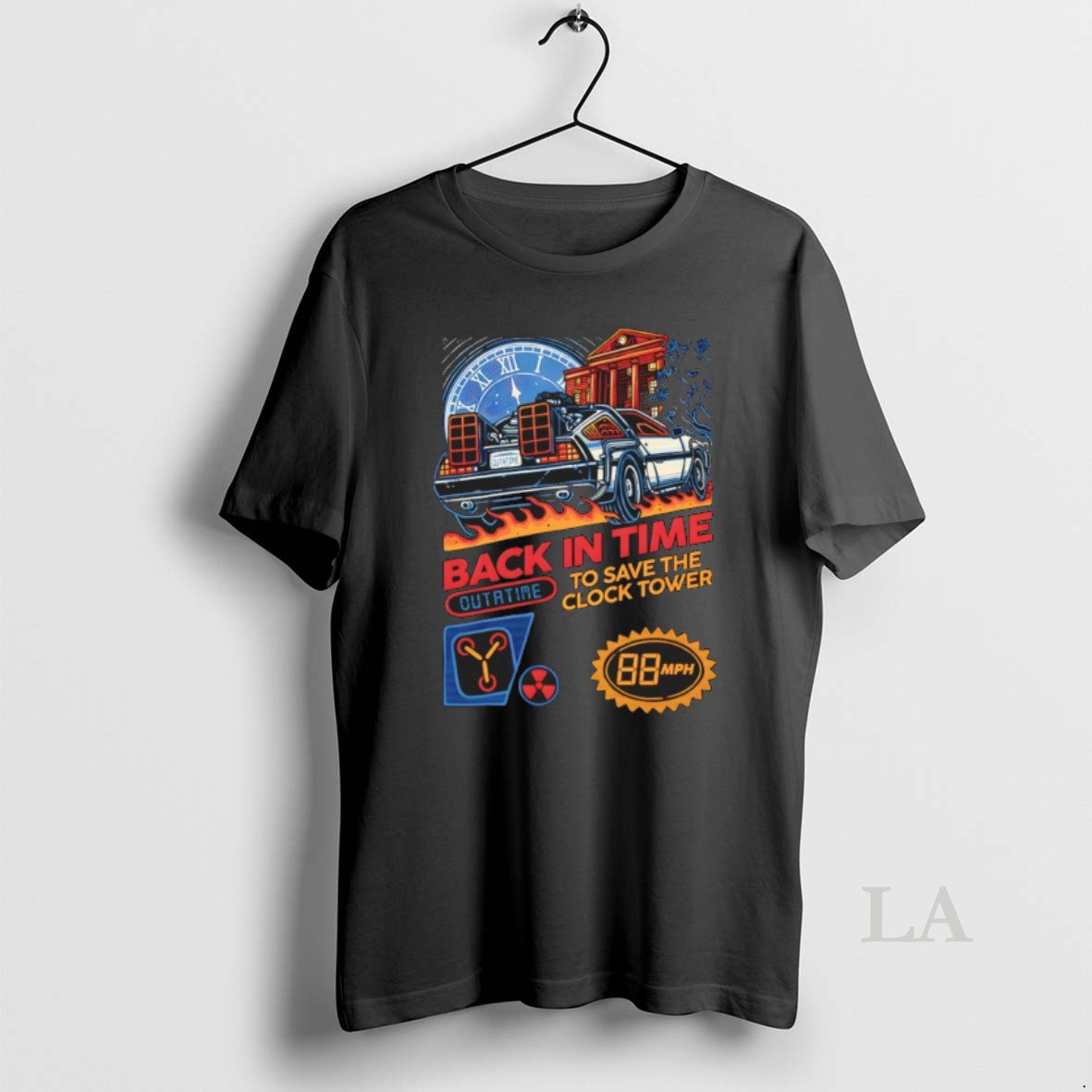 Original Back To The Future In The Style Of Nintendo Cartridge Back In Time To Save The Tower Shirt